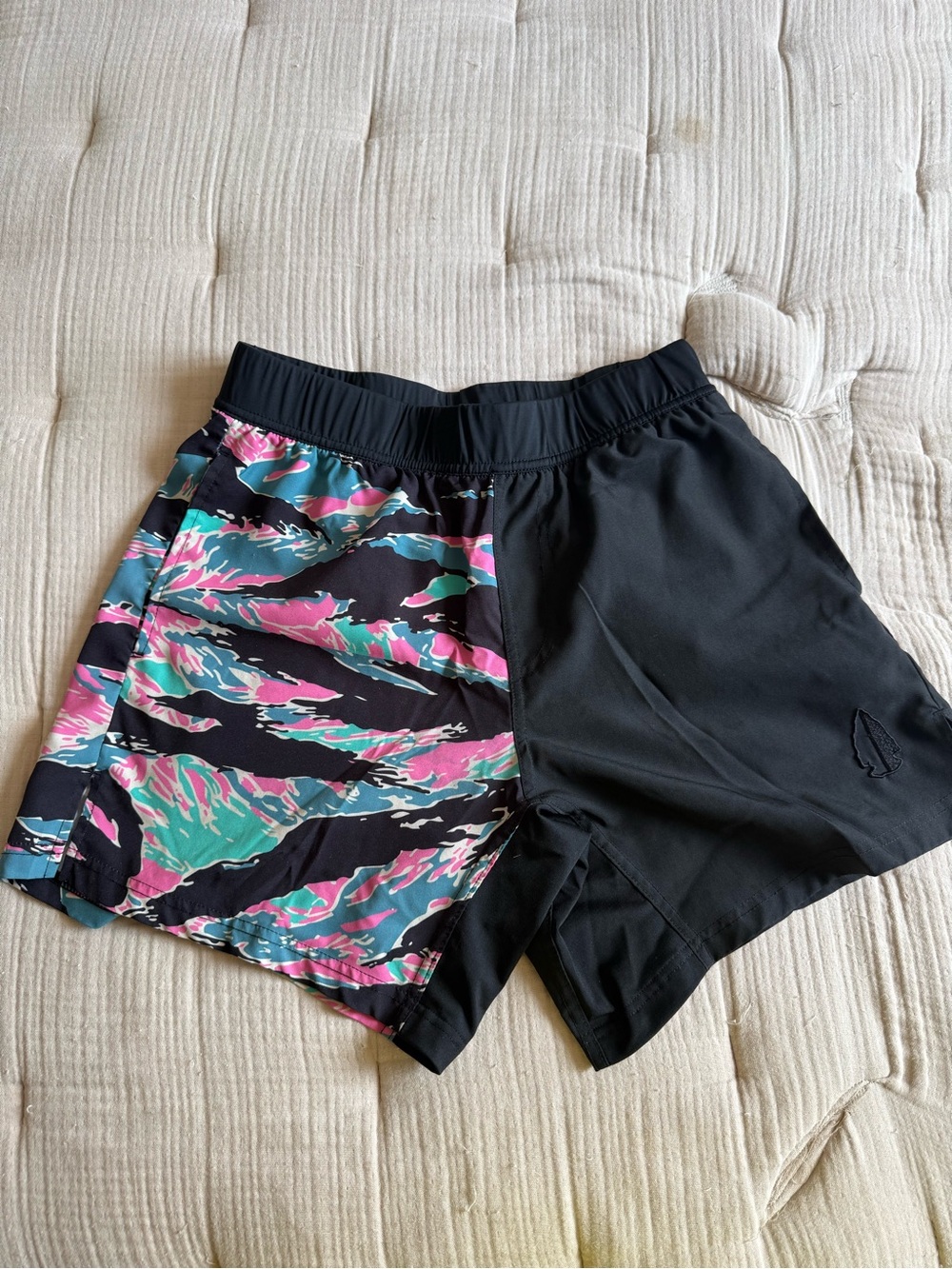TacHuntFish Men's Athletic Shorts in Black with Pink & Teal Pattern